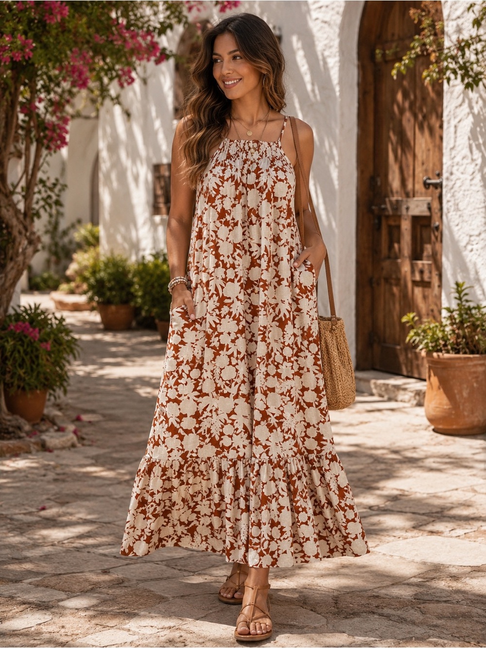 Universal Thread Rust and Cream Floral Halter Maxi Dress